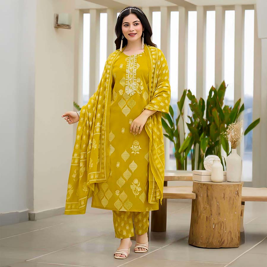 Yellow Cotton Casual Wear Salwar Kameez