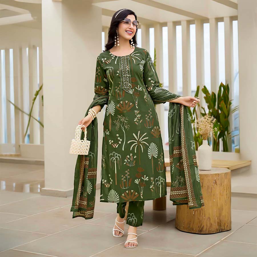 Green  Cotton Casual Wear Salwar Kameez