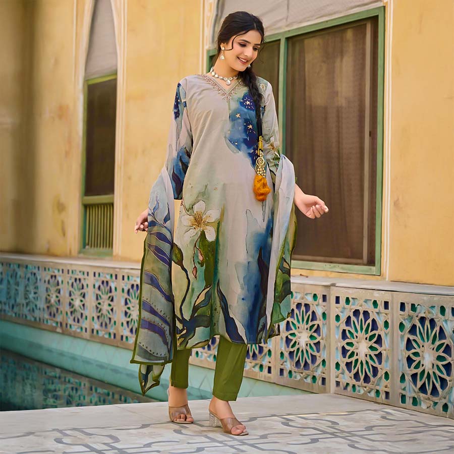 Grey Cotton Casual Wear Salwar Kameez