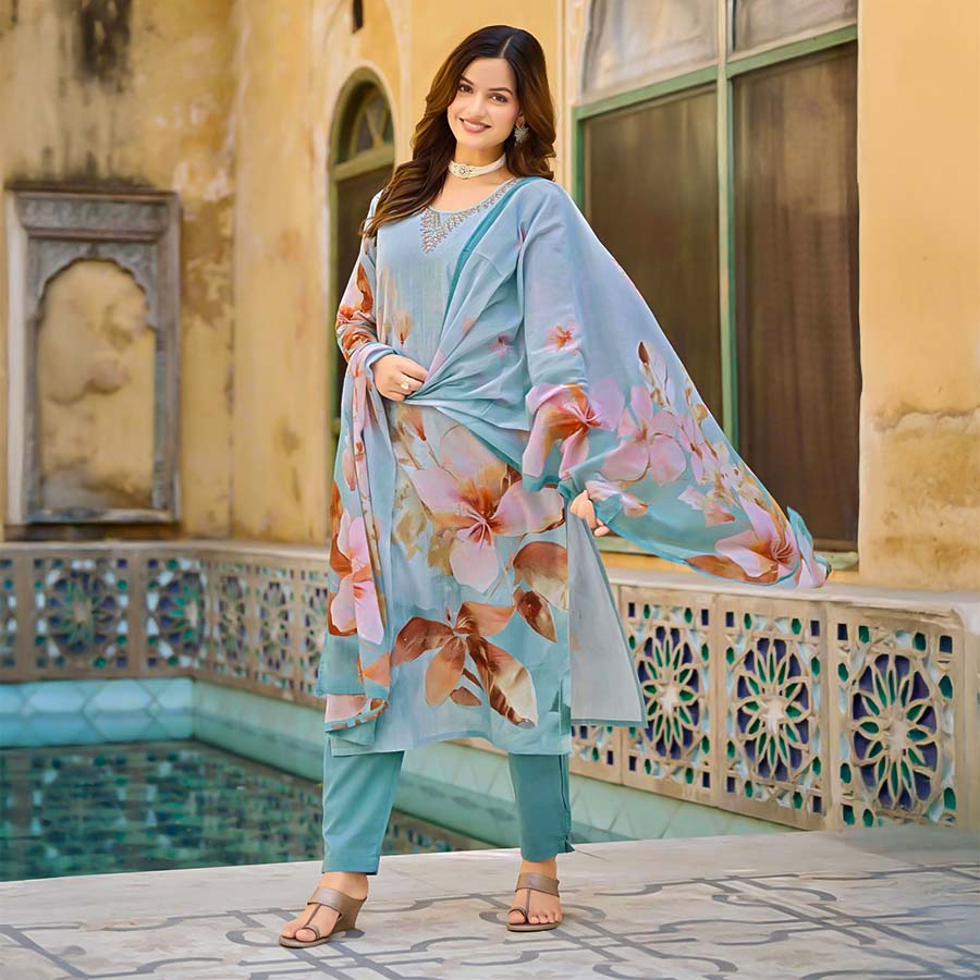 Blue Cotton Casual Wear Salwar Kameez
