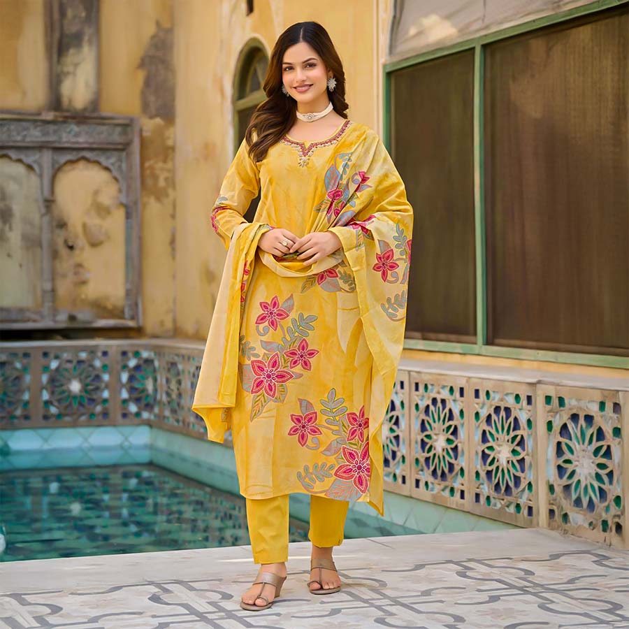 Yellow Cotton Casual Wear Salwar Kameez