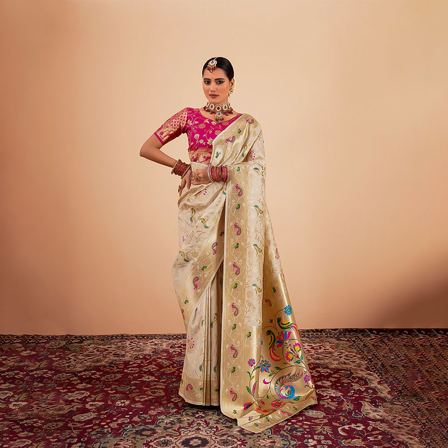 White  Paithani Silk Party Wear Saree