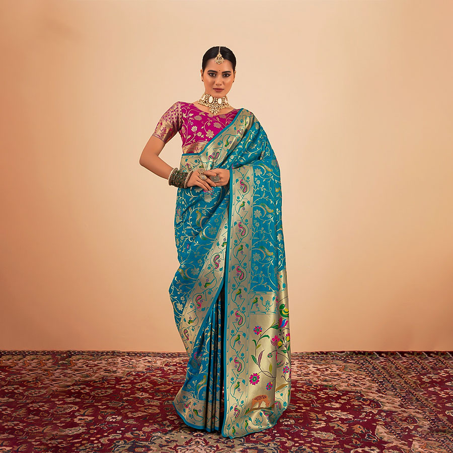 Sky Blue Paithani Silk Party Wear Saree