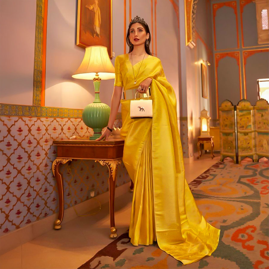 Yellow  Satin Party Wear Saree
