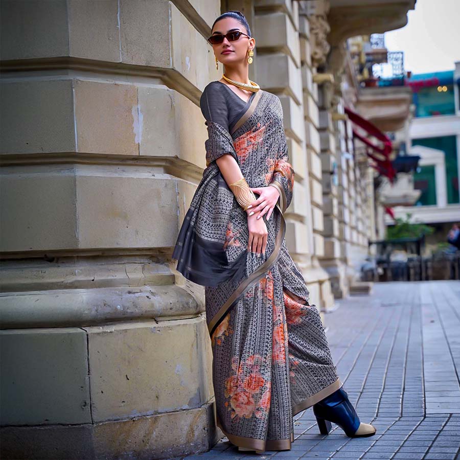 Grey  Viscose  Casual Wear Saree