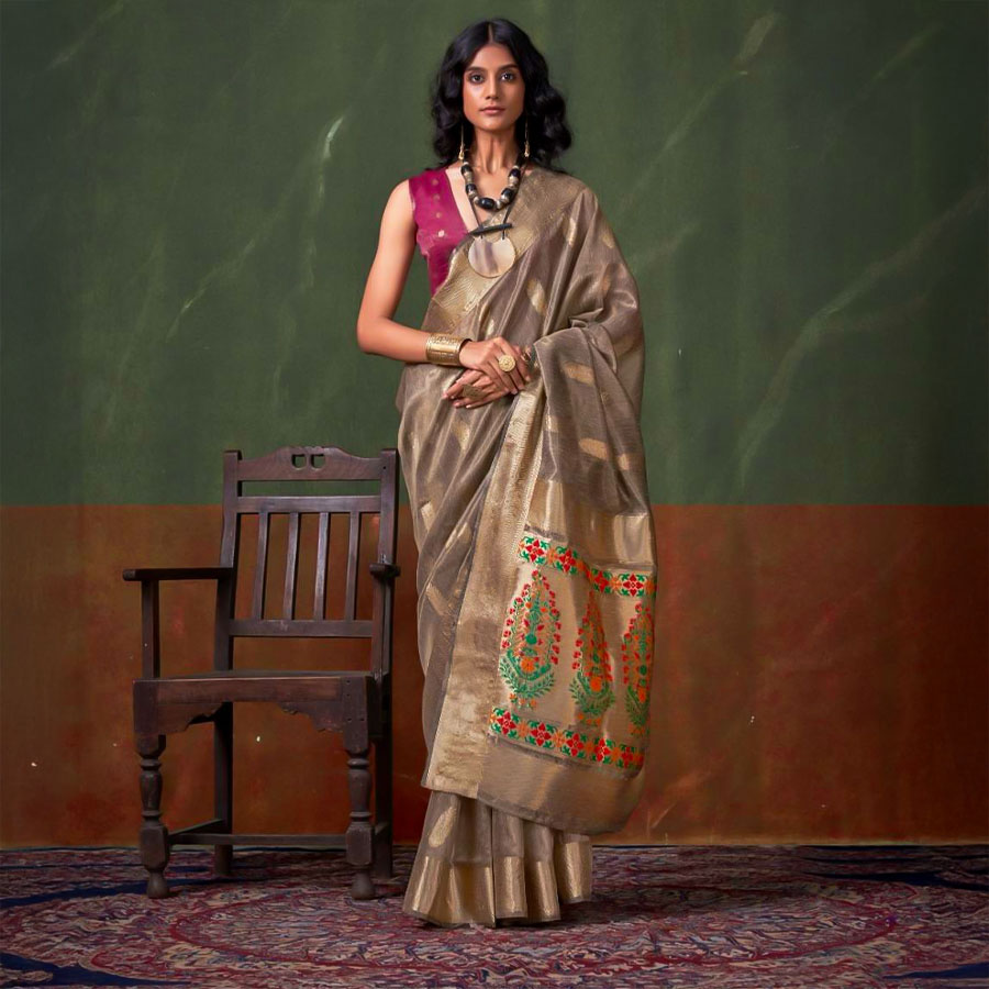 Brown Tissue Casual Wear Saree