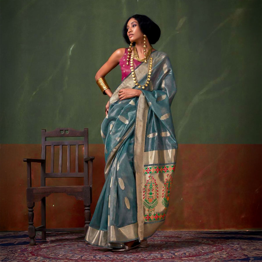 Blue Tissue Casual Wear Saree