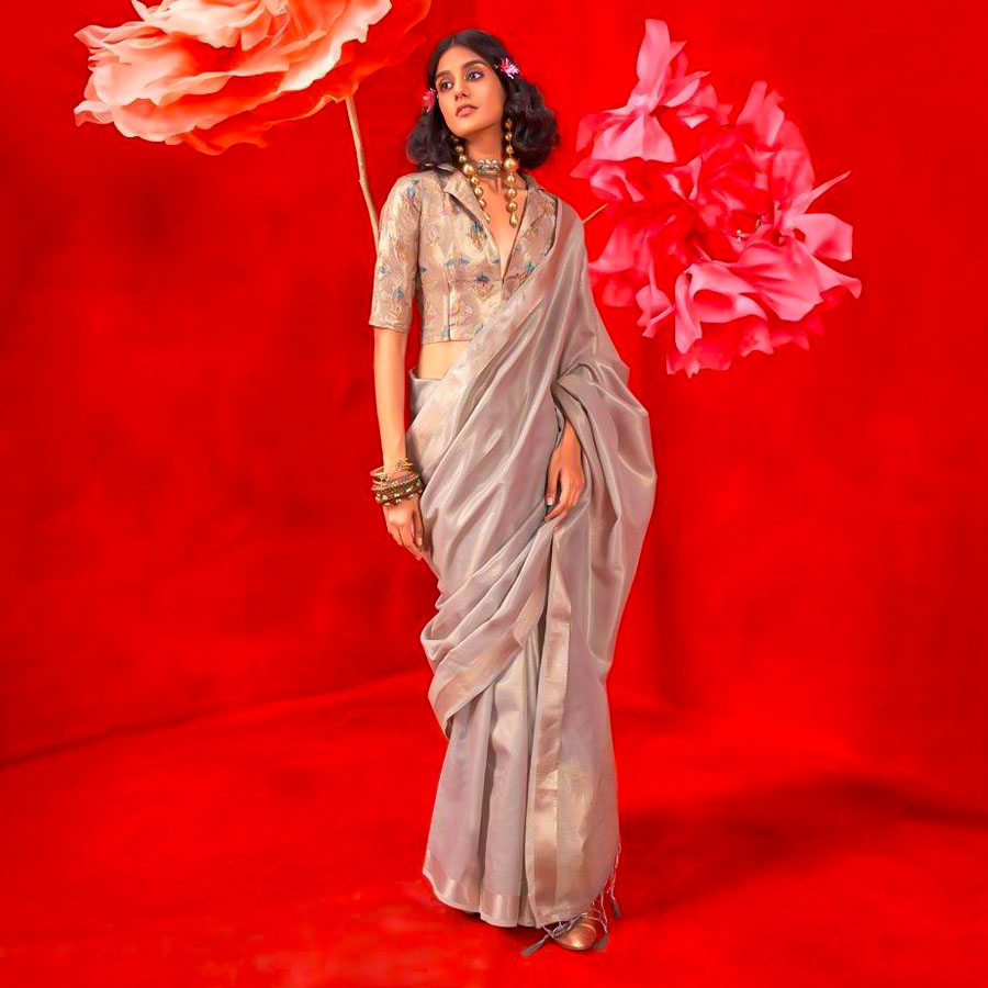 Silver Tissue Silk Casual Wear Saree