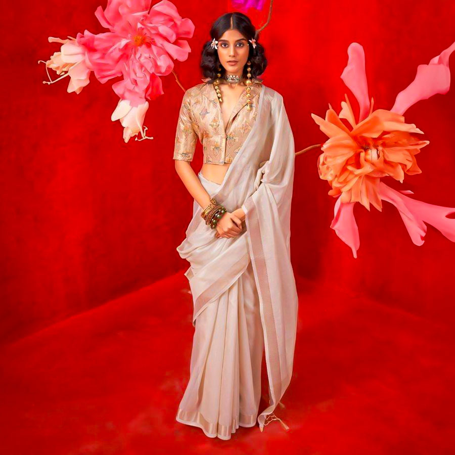 White Tissue Silk Casual Wear Saree