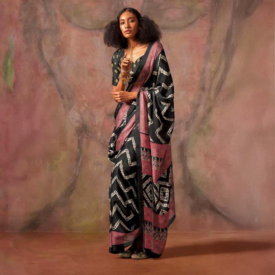 Black  Satin Georgette  Printed Saree