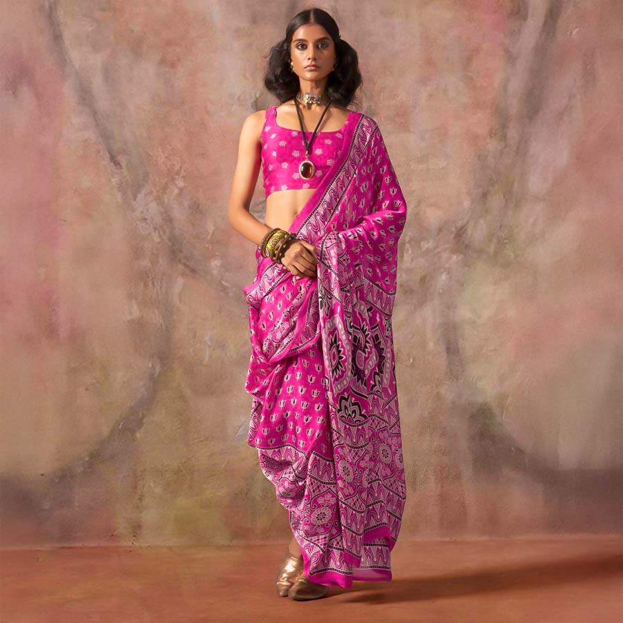 Pink  Satin Georgette  Printed Saree