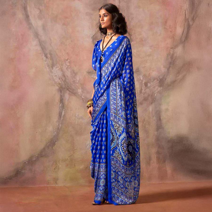 Blue  Satin Georgette  Printed Saree