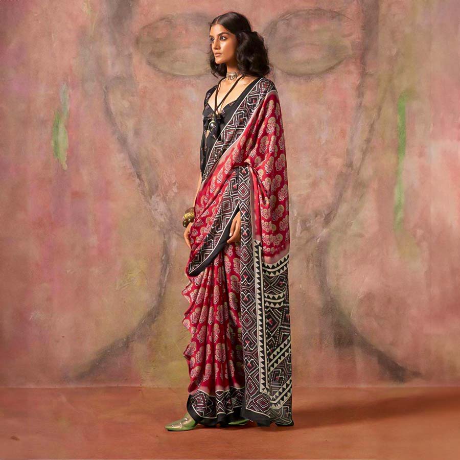 Red  Satin Georgette  Printed Saree