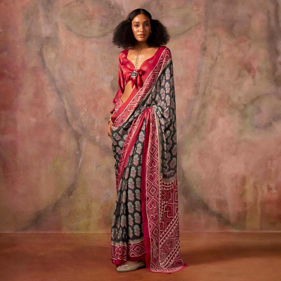 Black Satin Georgette  Printed Saree