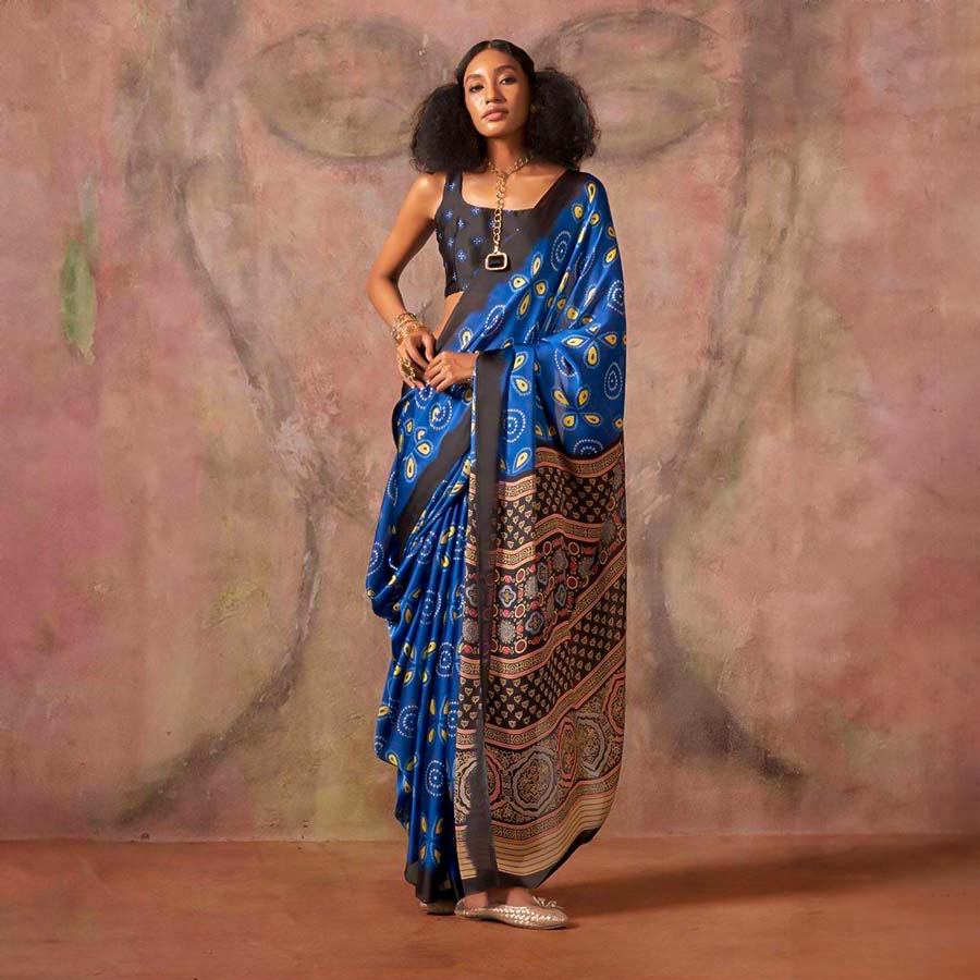 Blue  Satin Georgette  Printed Saree