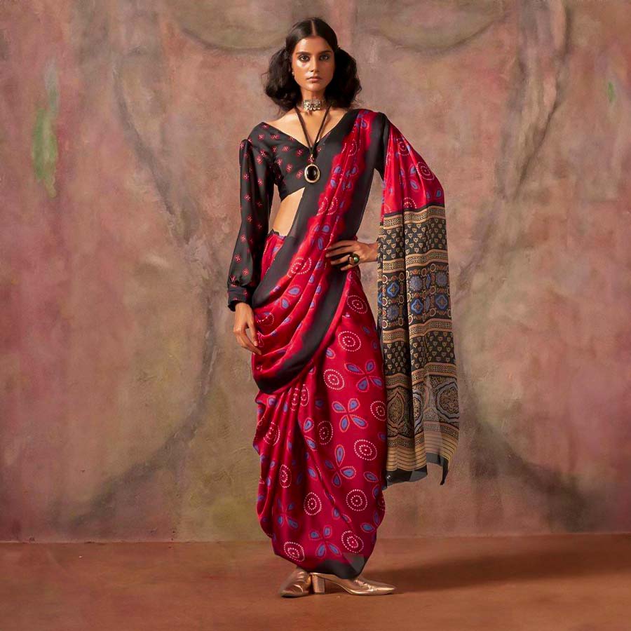 Red  Satin Georgette  Printed Saree