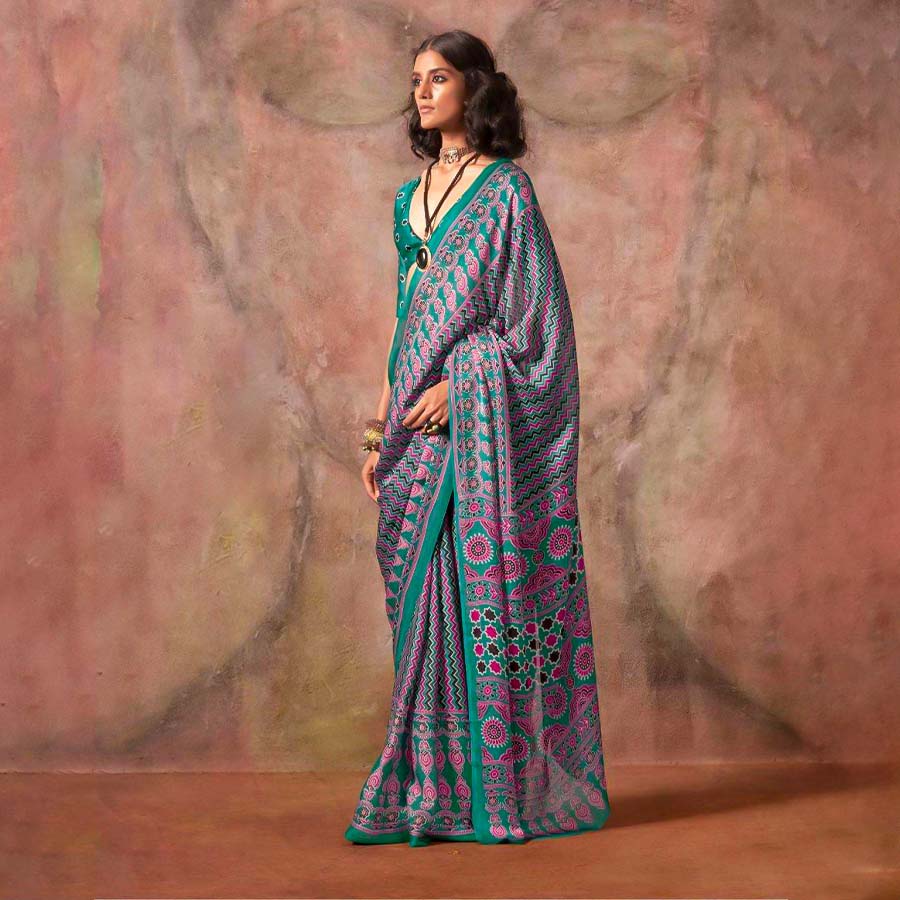 Green  Satin Georgette  Printed Saree