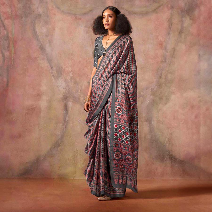 Brown Satin Georgette  Printed Saree