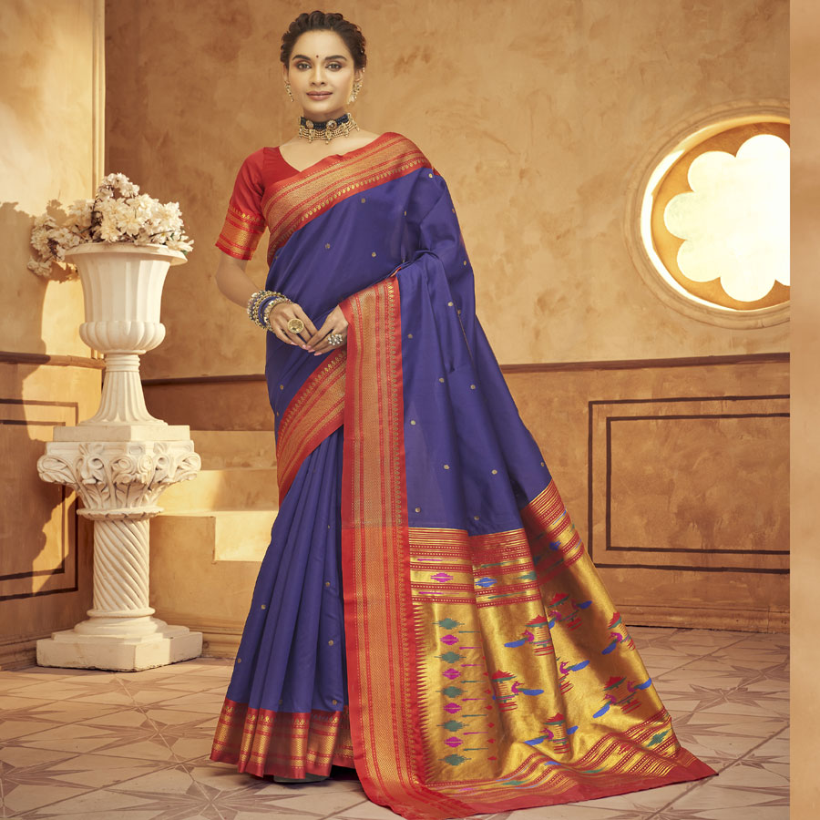 Blue & red soft silk Casual Saree