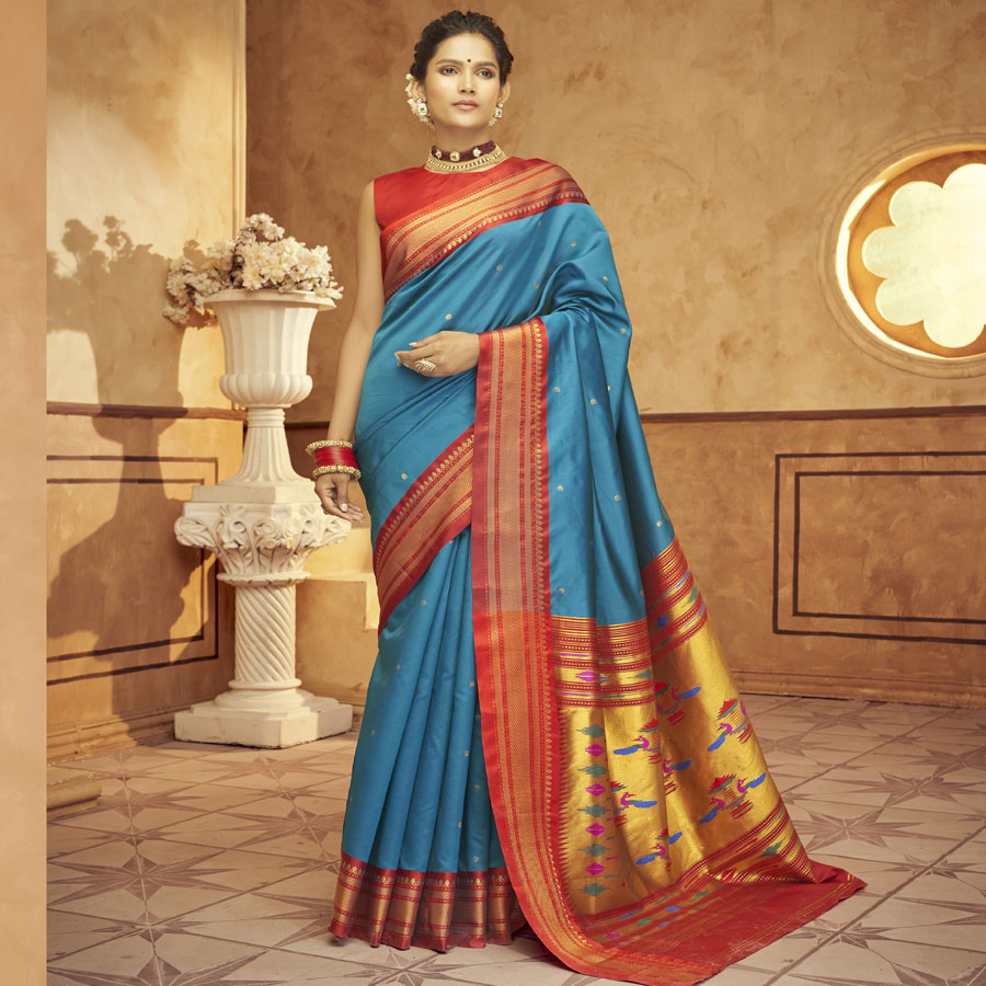 Light blue & red  soft silk Casual Saree