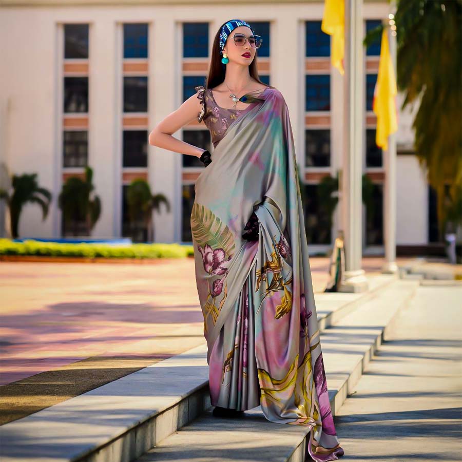 Grey  Satin Creap Casual Wear Saree