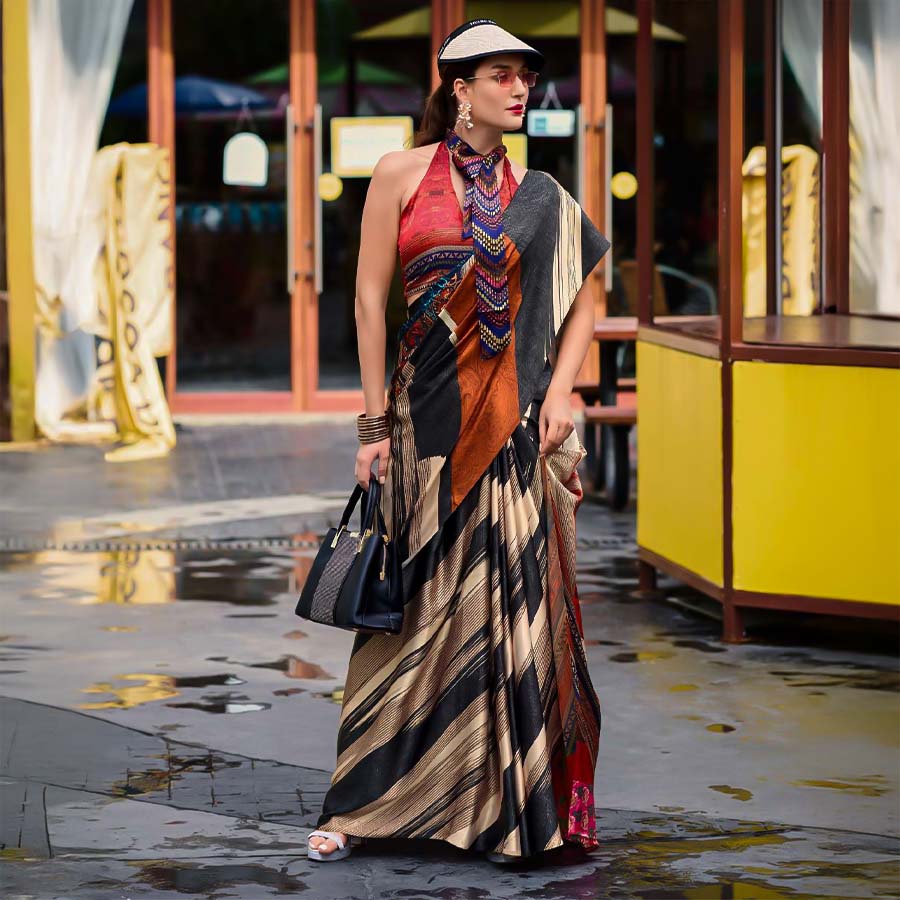 Brown  Satin Creap Casual Wear Saree