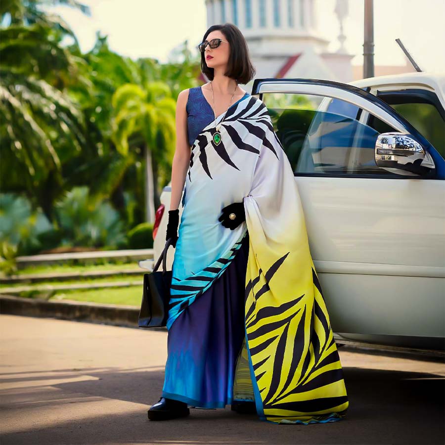 White  Satin Creap Casual Wear Saree