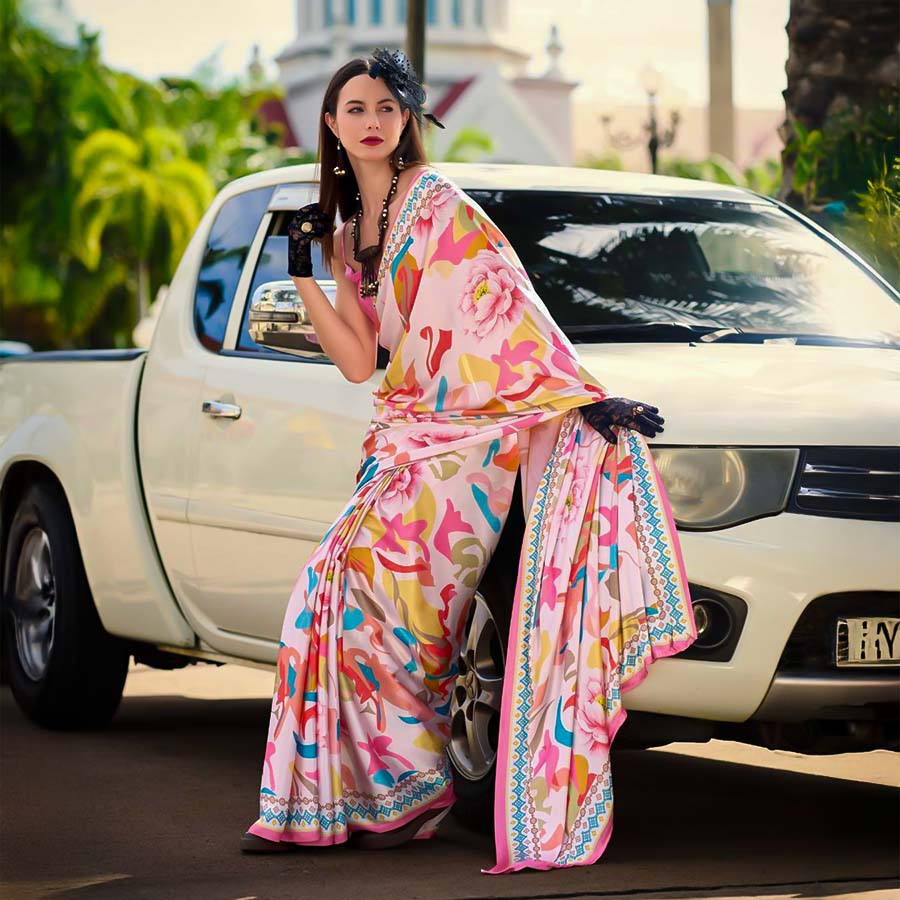 Pink  Satin Creap Casual Wear Saree