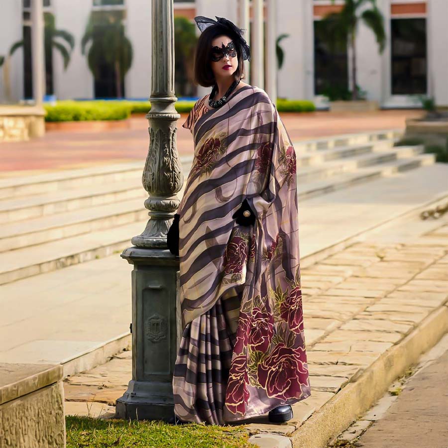Brown  Satin Creap Casual Wear Saree