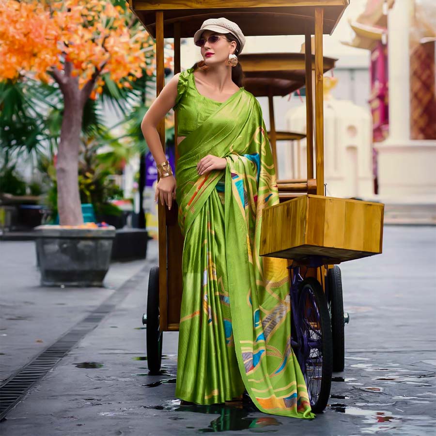 Green Satin Creap Casual Wear Saree