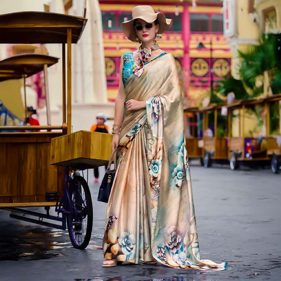 Brown  Satin Creap Casual Wear Saree