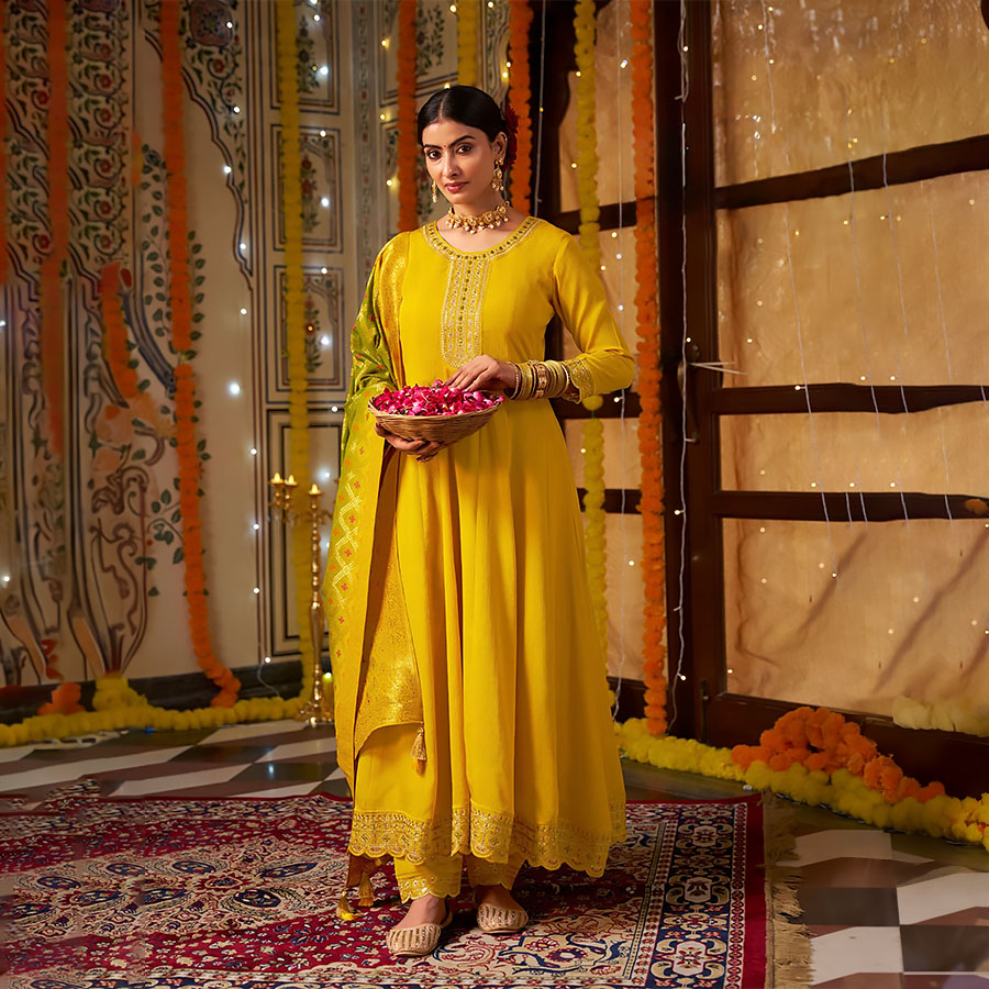 Yellow Silk Anarkali Suit