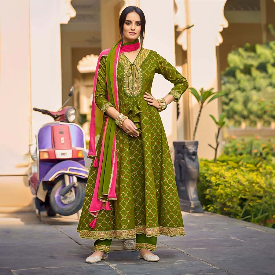 Green Cotton Casual Wear Salwar Kameez