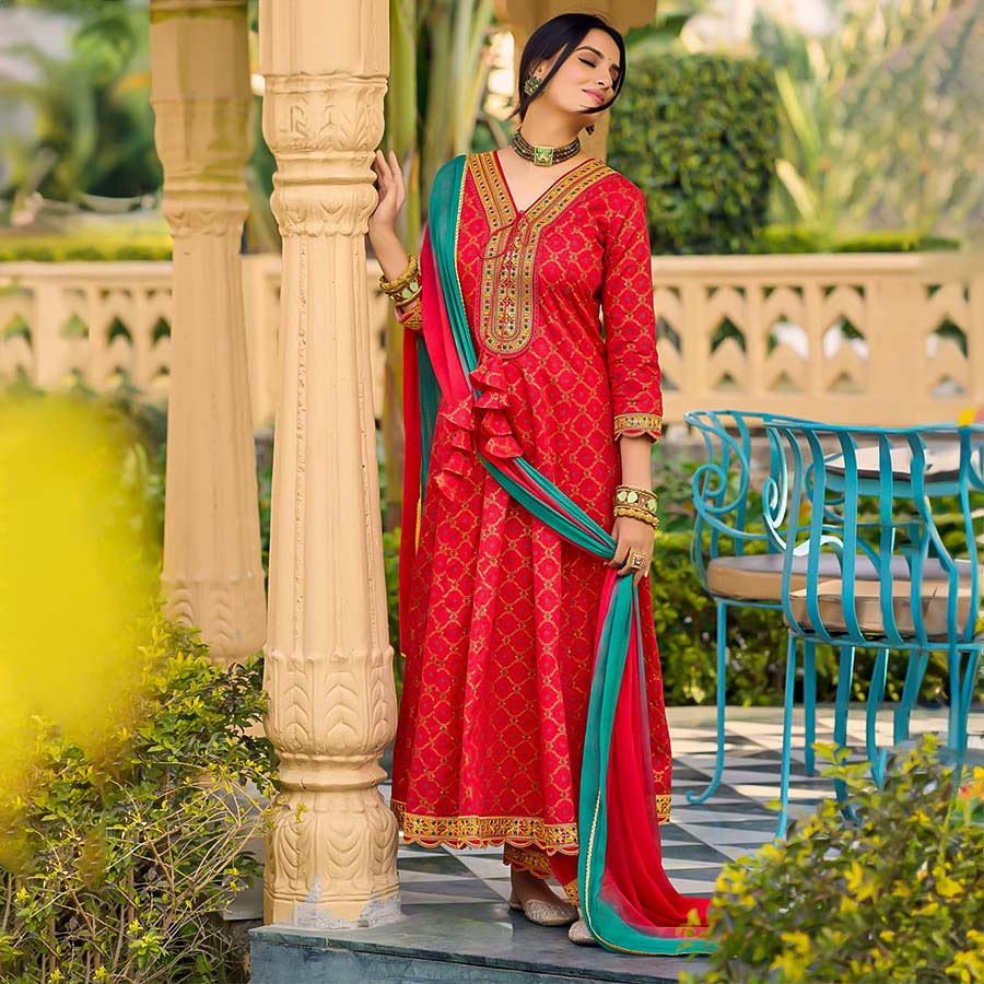 Red Cotton Casual Wear Salwar Kameez