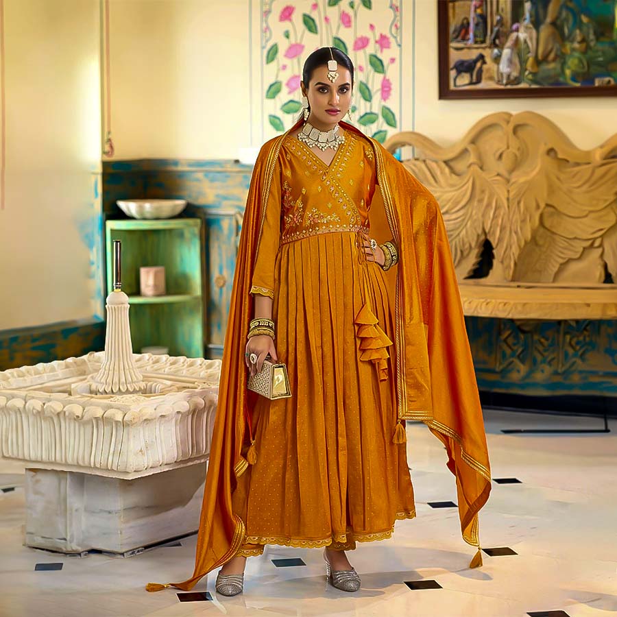 Orange Silk Casual Wear Salwar Kameez