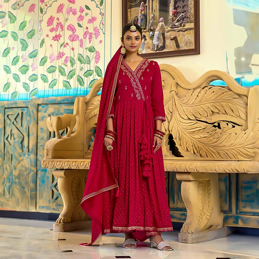 Red Silk Casual Wear Salwar Kameez