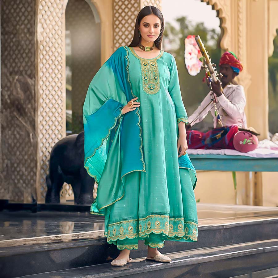 Cyan  Viscose Jacquard  Casual Wear Salwar Kameez