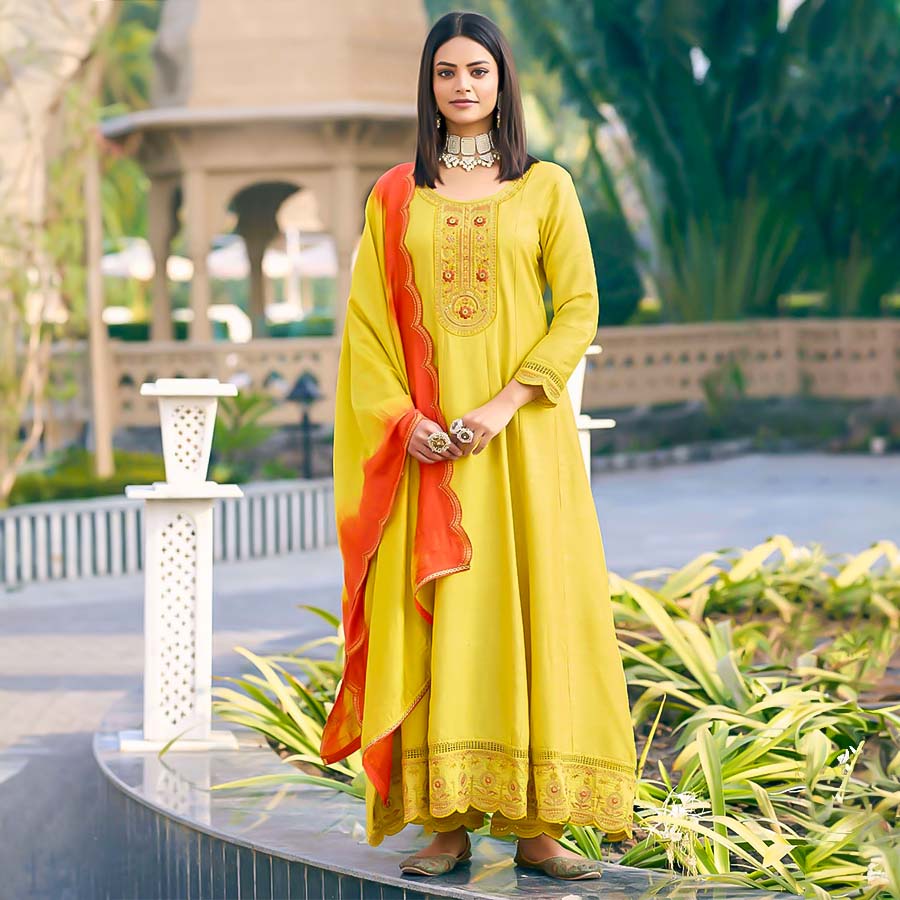 Yellow Viscose Jacquard  Casual Wear Salwar Kameez