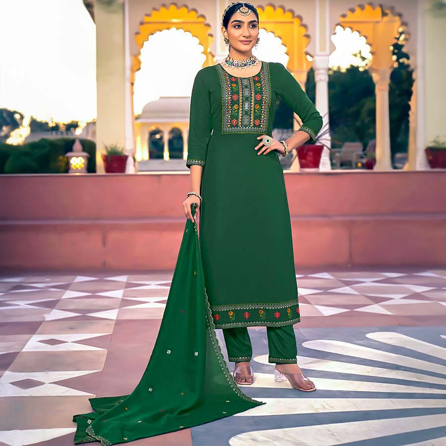 Green Rayon Casual Wear Salwar Kameez