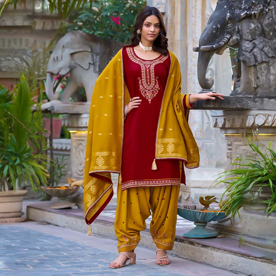 Red  Jam Silk Casual Wear Salwar Kameez