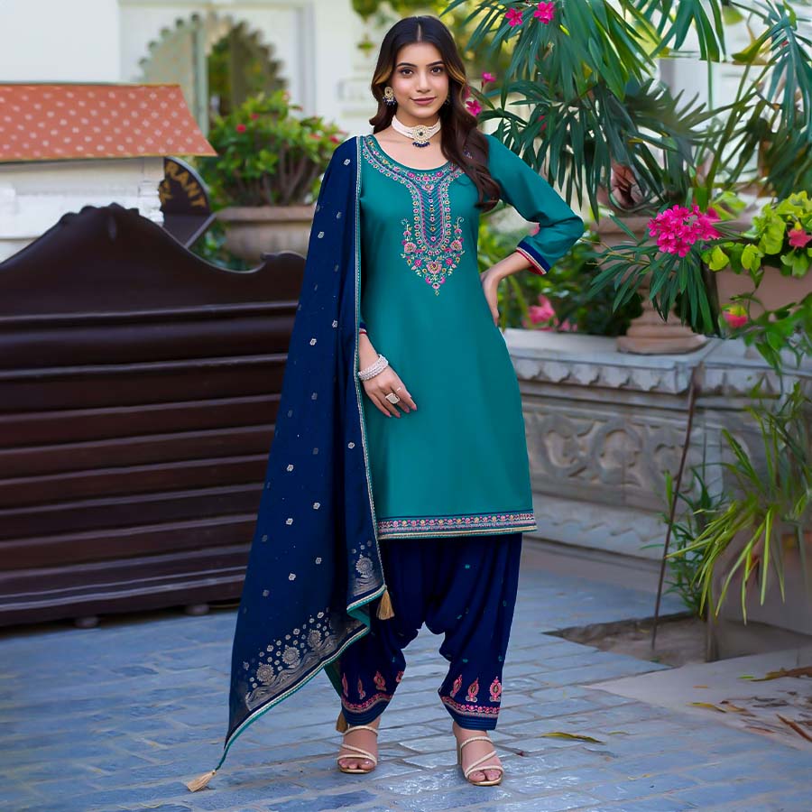Cyan Jam Silk Casual Wear Salwar Kameez