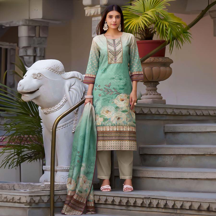 Cyan Cotton Casual Wear Salwar Kameez