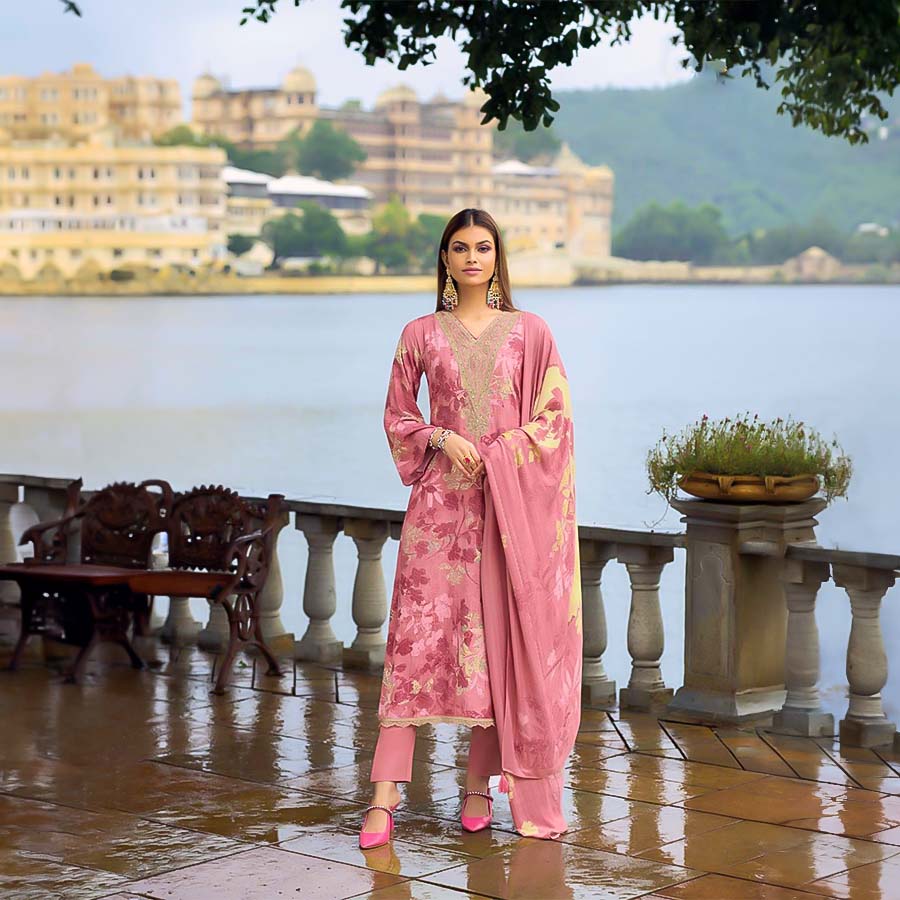 Pink  Viscose Muslin Casual Wear Salwar Kameez