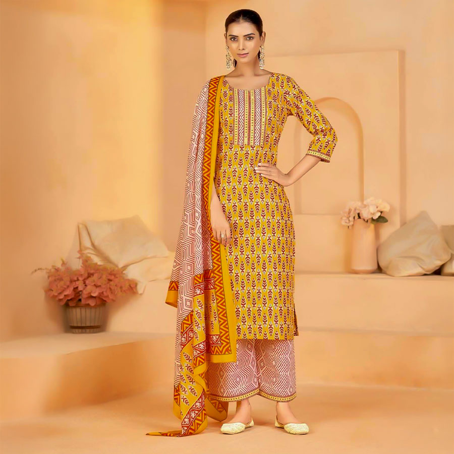 Yellow Cotton Casual Wear Salwar Kameez