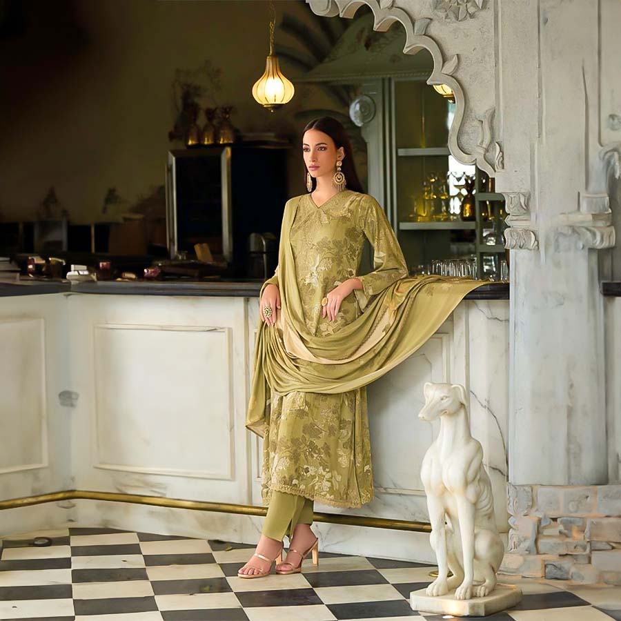 Olive Green  Viscose Muslin Casual Wear Salwar Kameez