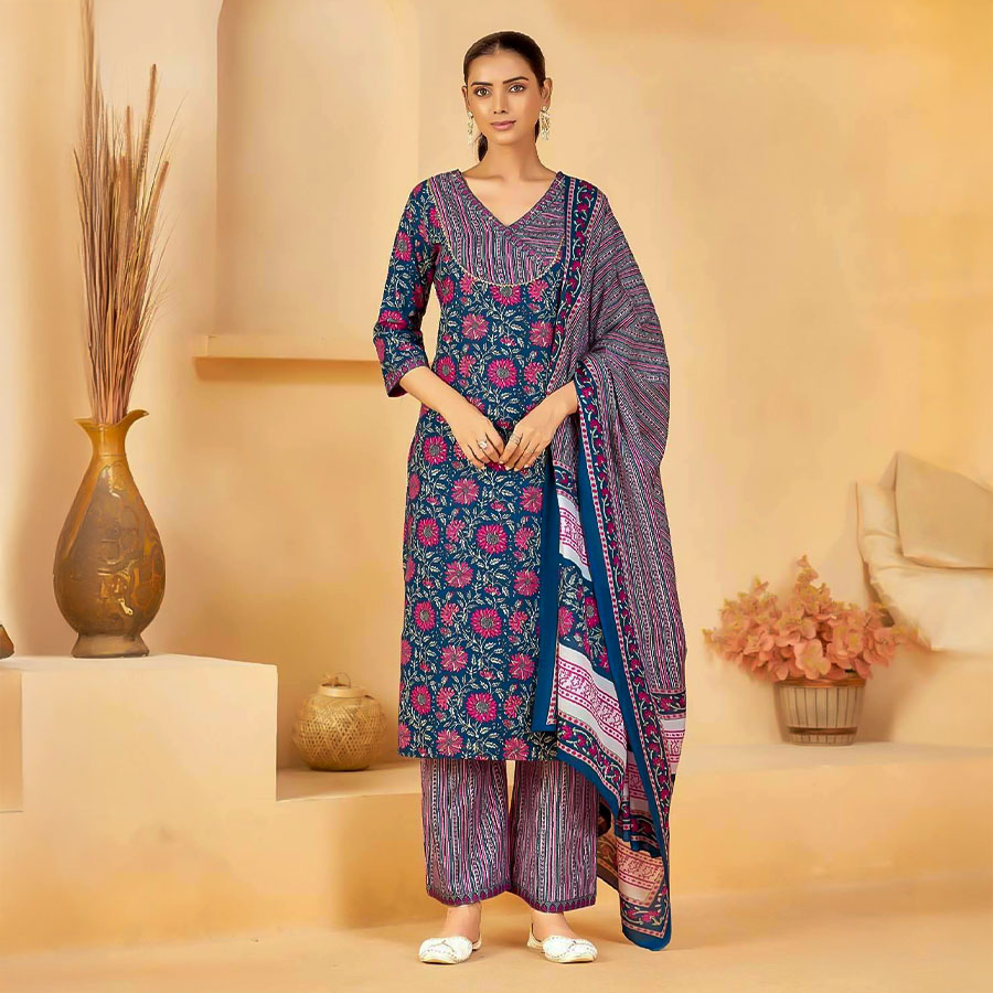 Blue Cotton Casual Wear Salwar Kameez