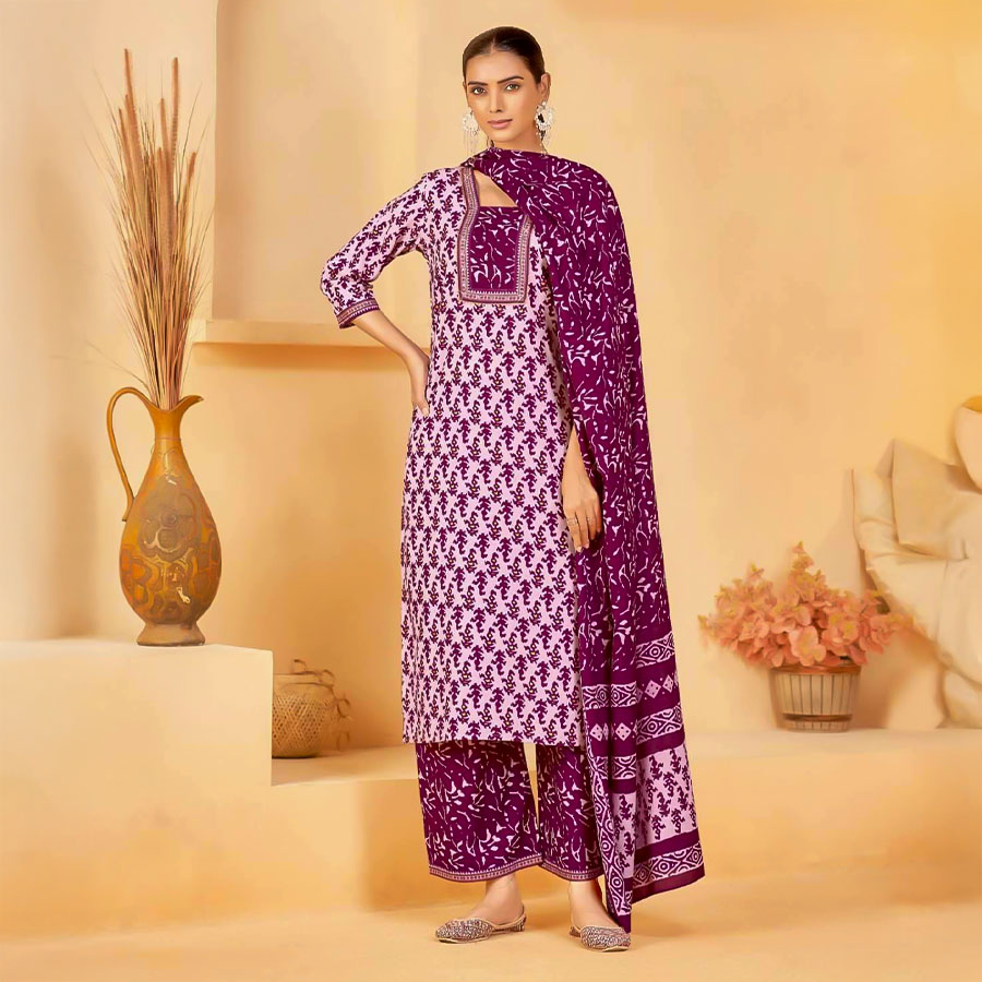 Violet Cotton Casual Wear Salwar Kameez