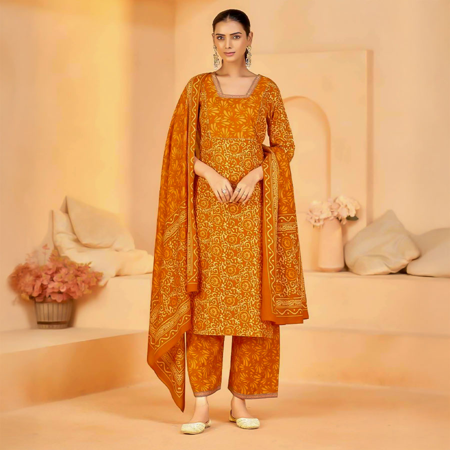 Orange Cotton Casual Wear Salwar Kameez