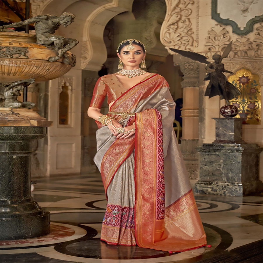 Red & grey Silk Partywear Saree