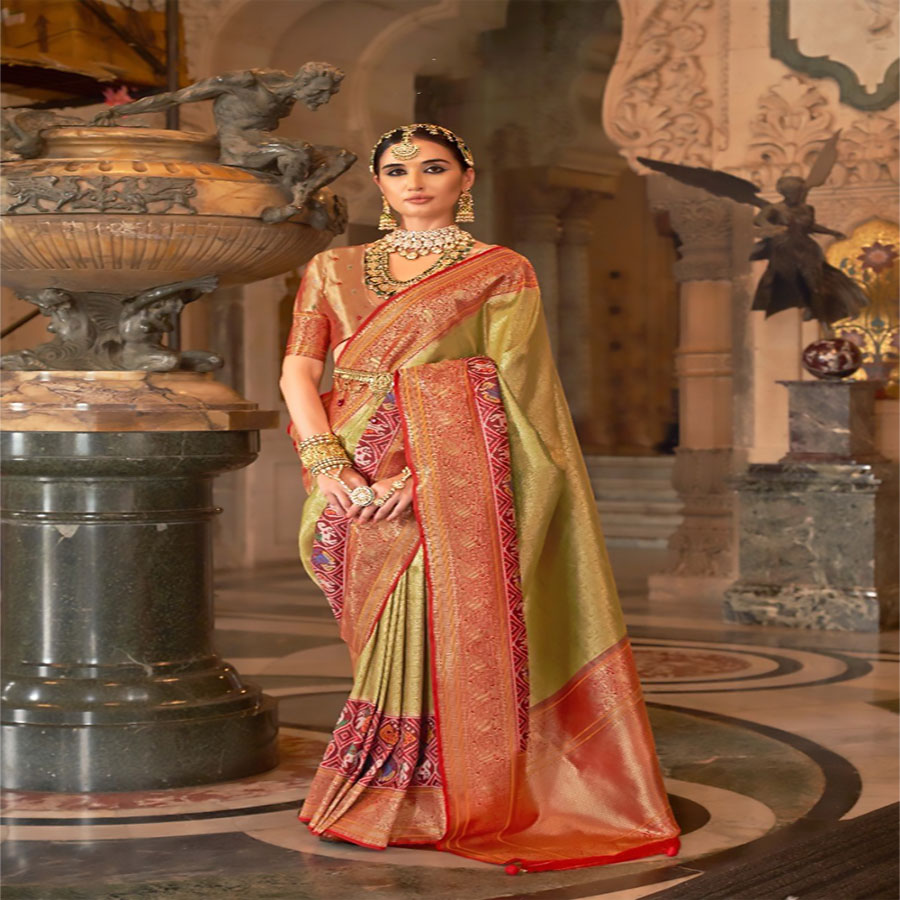 Red & sea green Silk Partywear Saree